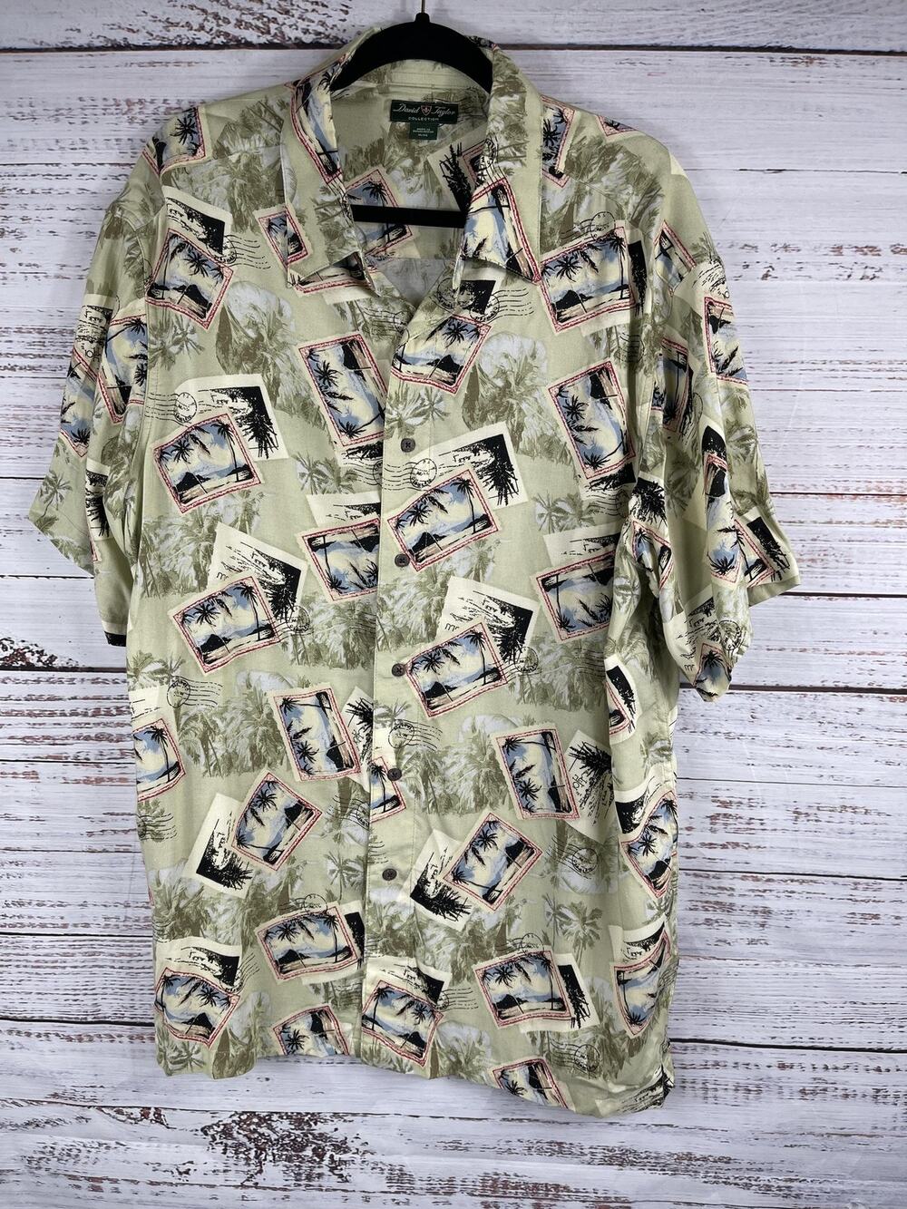 David Taylor Shirt Men's XL Green Palm Trees Hawaiian Rayon Beach Vacation Print